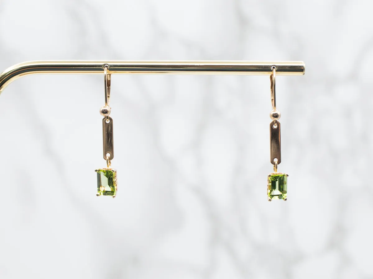 Yellow and Rose Gold Bar Peridot Drop Earrings